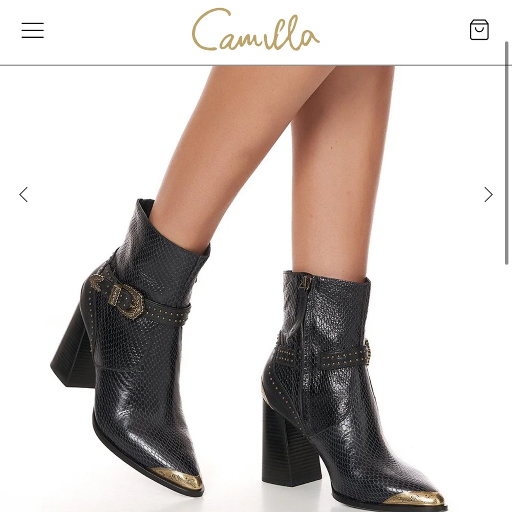 CAMILLA Block Heel Buckle Boot Shes Got Grace Black gold captoe Leather 37/ 7